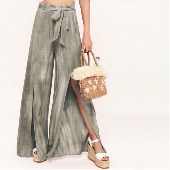 Wide Leg Slit Front Silk Pants Acid Wash Gray, Tie - Picture 7 of 7